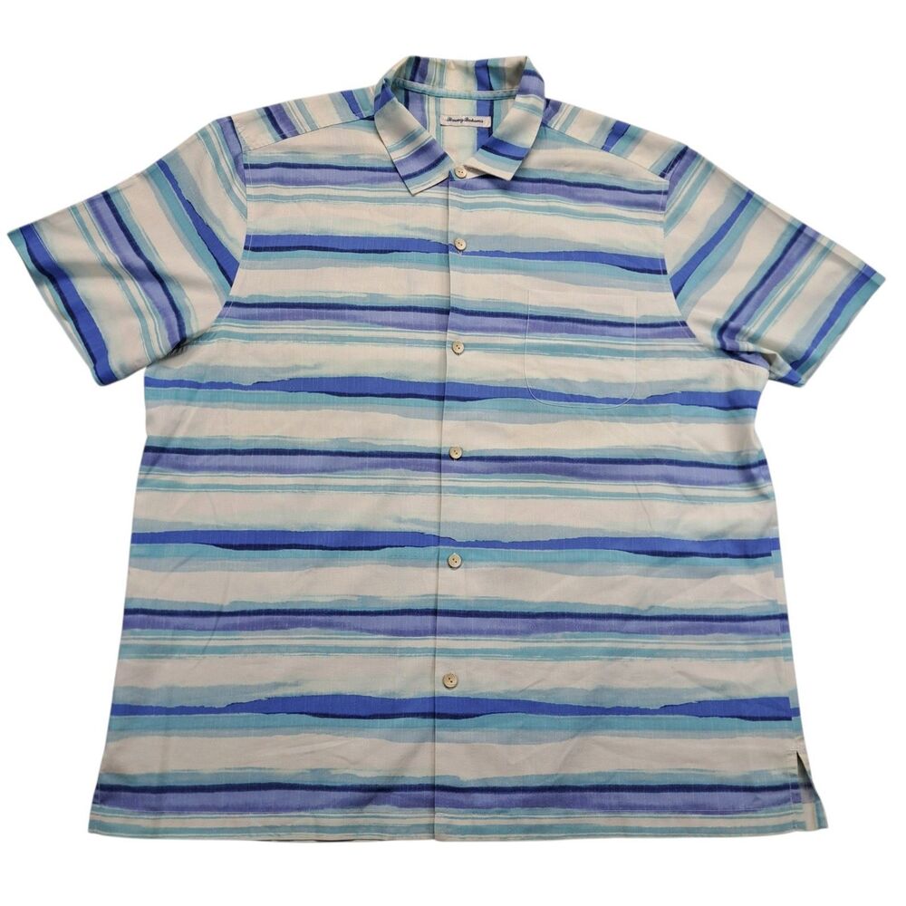 Tommy Bahama Shirt Mens 2XL Button Up Silk Blend Blue Stripes Short Sleeve